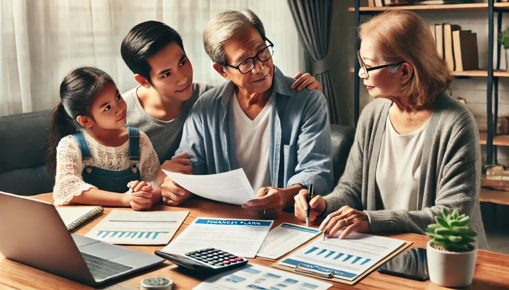 An elderly couple and their adult child reviewing financial documents with an advisor in a cozy home office, symbolizing financial preparednes