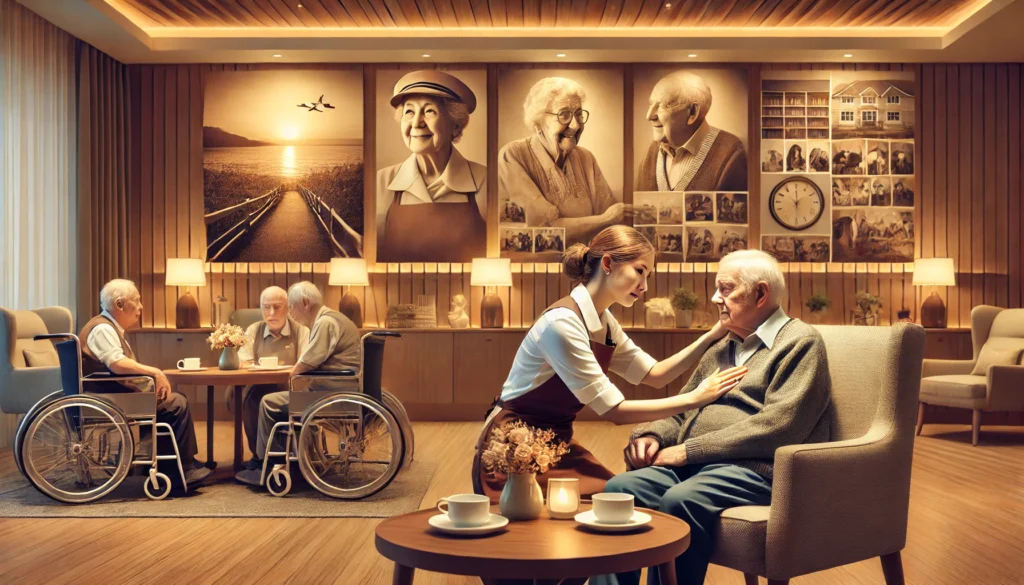 Caregivers assisting residents in daily activities, with a memory wall displaying nostalgic images to promote familiarity.