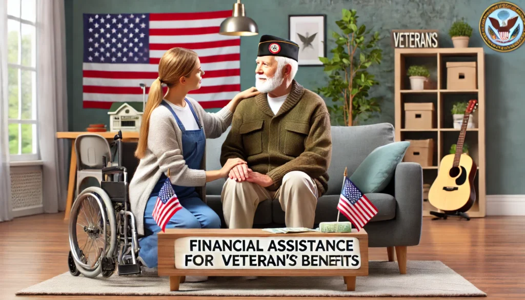 An elderly veteran with a caregiver in a home setting, with patriotic elements like an American flag, representing financial aid for veterans