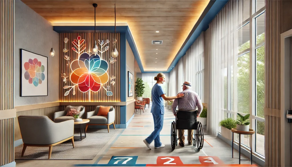 A modern memory care environment featuring color-coded hallways, calming decor, and a structured routine for resident well-being.