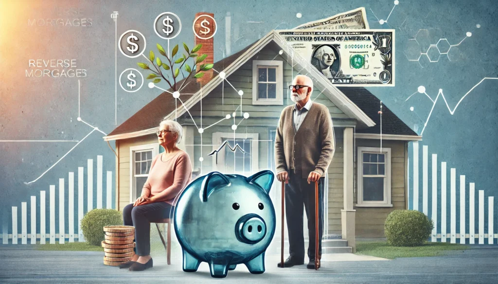 An elderly couple in front of a house with transparent overlays of financial symbols (piggy bank, dollar signs, mortgage document), illustrating financial planning options like reverse mortgages