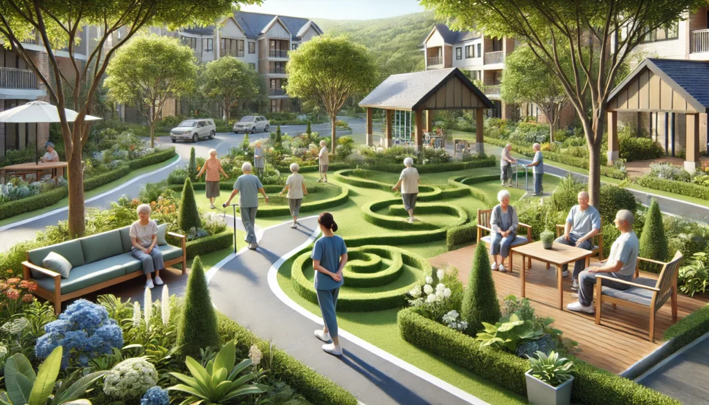 A peaceful outdoor space with sensory plants, winding pathways, and residents engaged in light exercises led by a caregiver.