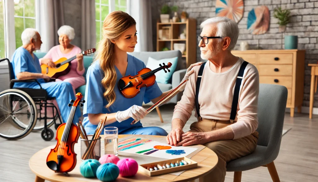 A specialized memory care therapy session in a nursing home, where elderly residents with cognitive impairments engage in art or music therapy with trained caregivers. The environment is calming, featuring art supplies, musical instruments, and gentle one-on-one caregiver support to foster creativity and cognitive engagemen