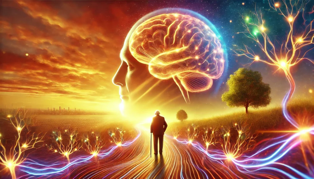 A vibrant depiction of brain health and aging. A golden hour sunset illuminates an elderly figure standing on a path of glowing neural networks, symbolizing lifelong learning and cognitive strength. The surrounding atmosphere features soft, radiant energy waves, evoking clarity, wisdom, and mental resilience.