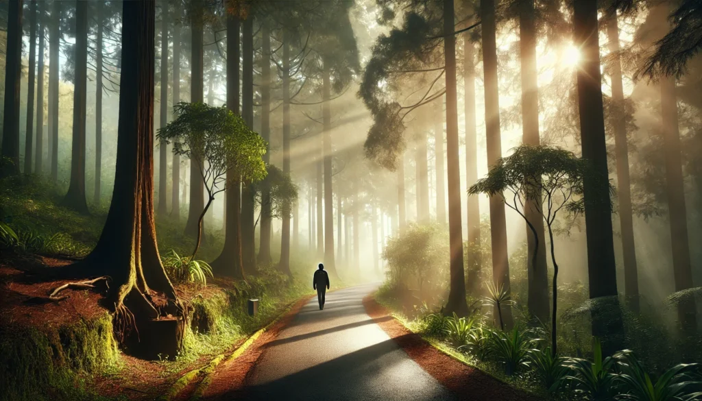 A person walking along a winding path in a misty forest during early morning, surrounded by towering trees and soft sunlight, creating a calming and mindful atmosphere.