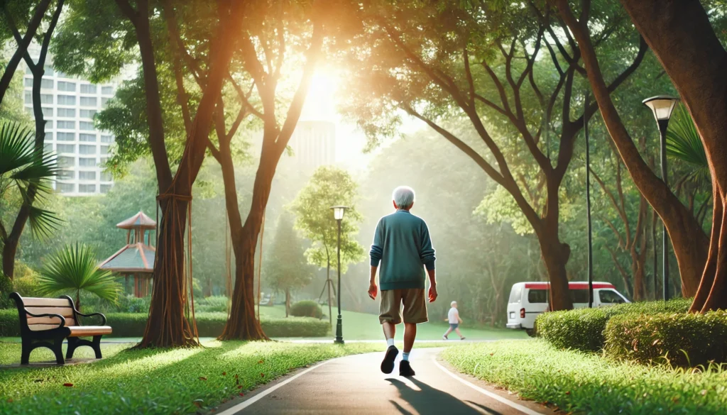An elderly person walking in a scenic park surrounded by trees and fresh air, illustrating the importance of physical exercise in maintaining cognitive health and reversing cognitive decline.