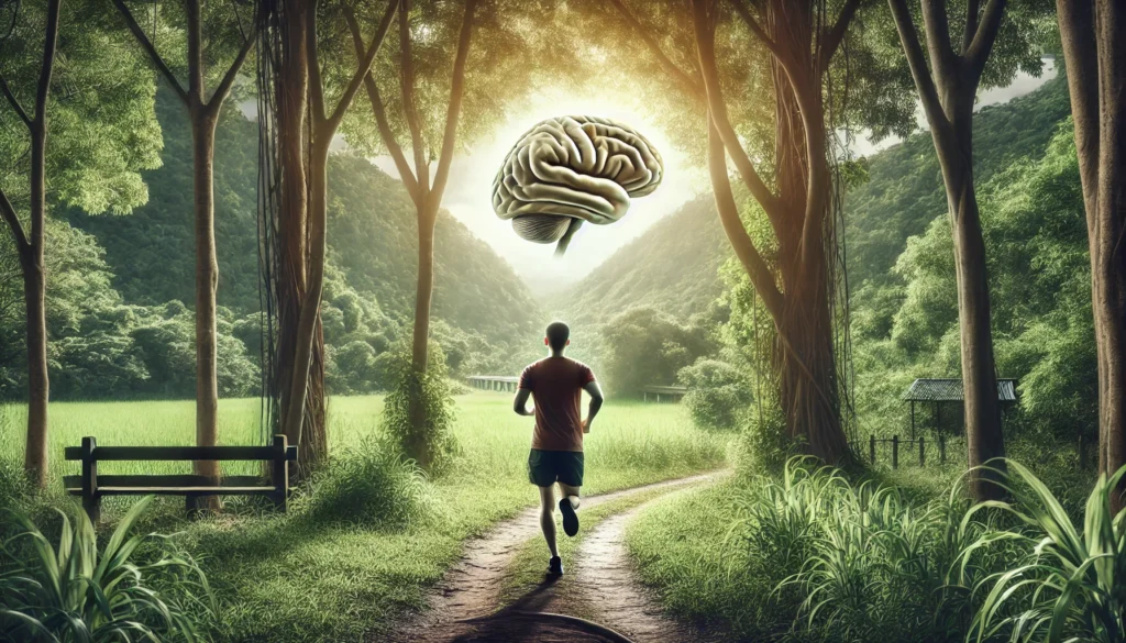 A person jogging along a scenic outdoor trail surrounded by lush greenery and fresh air. The image represents physical exercise as a powerful technique to prevent memory loss and support brain health.