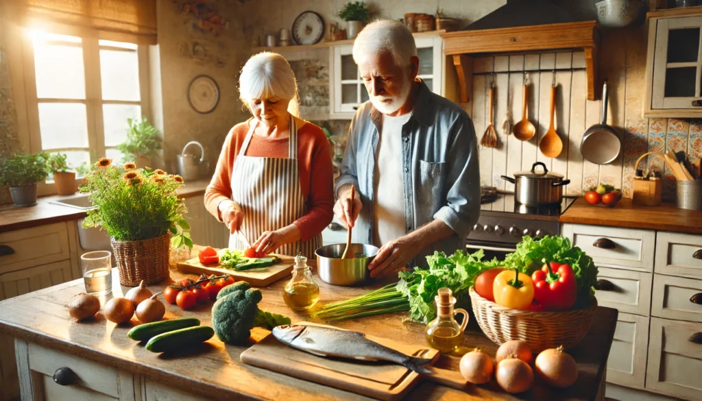 A cozy kitchen setting where an elderly couple is preparing a nutritious Mediterranean-style meal, featuring fresh vegetables, fish, and olive oil. The warm and inviting space highlights the importance of a balanced diet for brain health