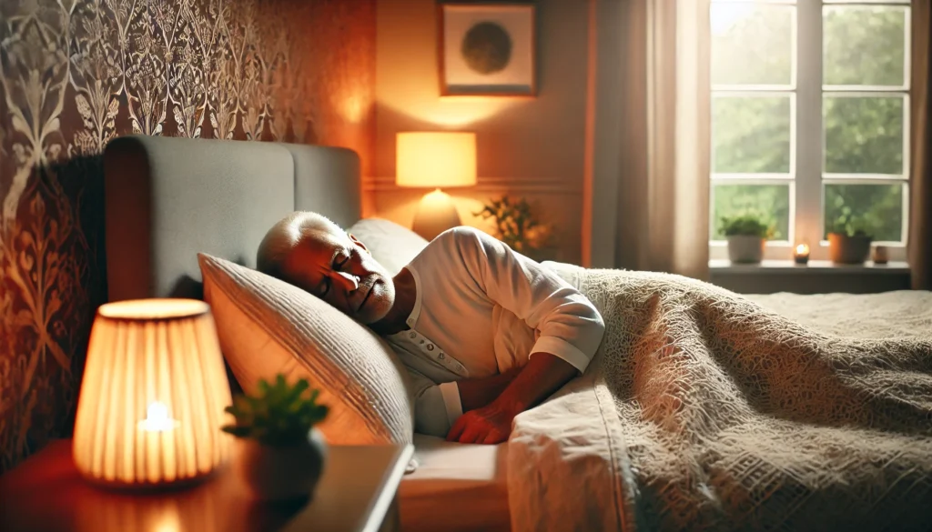 A tranquil bedroom scene featuring an elderly person sleeping soundly in a comfortable bed with soft, warm lighting. The calm and restful ambiance highlights the importance of quality sleep for brain health and dementia prevention.