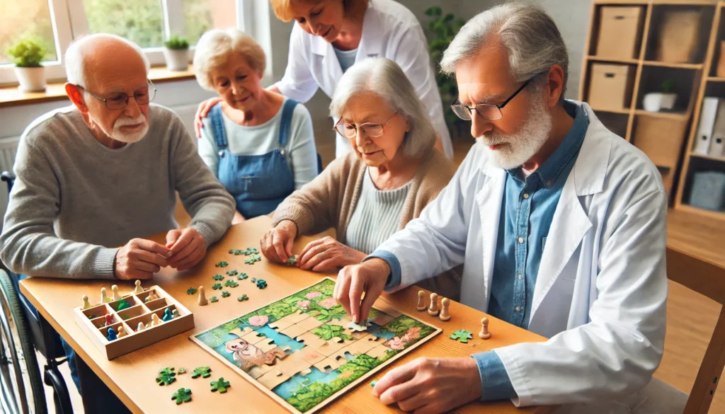 A lively community center where a group of elderly individuals are engaged in brain-stimulating activities, such as solving puzzles and playing a strategy board game. The cheerful setting fosters cognitive engagement and social interaction, essential for dementia prevention.