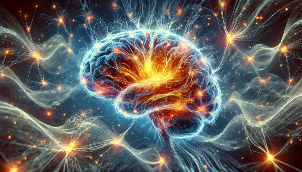 A conceptual artistic representation of human thought, showcasing an intricate web of glowing neurons forming a radiant brain structure. The cosmic background symbolizes the vastness of cognition and limitless nature of the mind.
