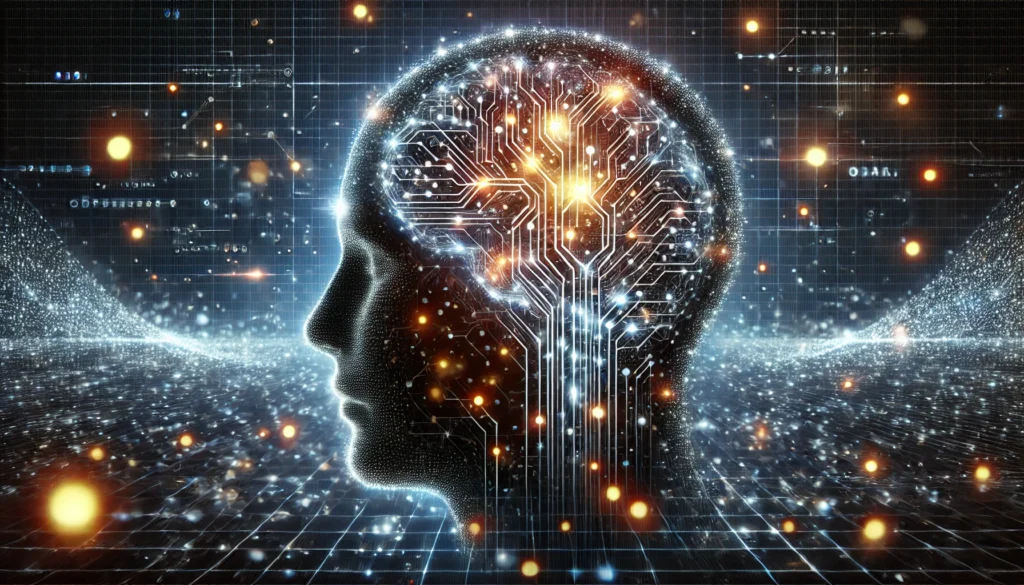 An abstract high-tech depiction of brain information processing, featuring a glowing human head silhouette filled with neural circuitry. Pulses of light travel along pathways, symbolizing thought flow and decision-making, set against a futuristic digital matrix.