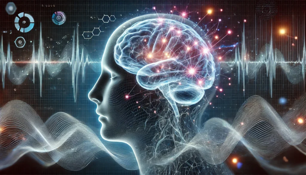 A futuristic visualization of brain activity, depicting a translucent human brain with pulsating neural signals. Abstract digital waves in the background represent sensory integration and information flow within the mind.
