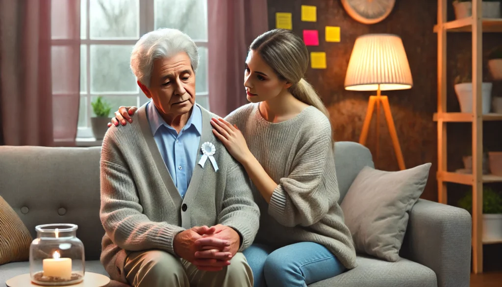 An elderly patient with dementia sitting in a peaceful home setting with a caregiver. The caregiver offers gentle reassurance while the patient looks slightly confused but comforted. The scene includes soft lighting, a cozy atmosphere, and subtle memory aids like sticky notes, illustrating dementia care at home