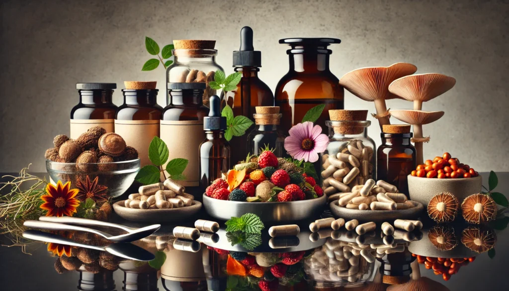A visually appealing arrangement of unbranded pill bottles, a dish of capsules, and a herbal tincture bottle on a reflective surface, surrounded by fresh and dried adaptogenic herbs like Rhodiola rosea, Bacopa monnieri, and lion’s mane mushrooms.