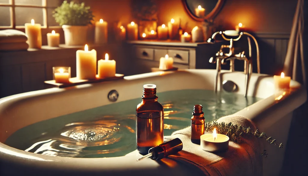 A luxurious candlelit bathroom with a soaking tub filled with warm water. A person adds a few drops of essential oil, creating a soothing and relaxing pre-sleep experience.