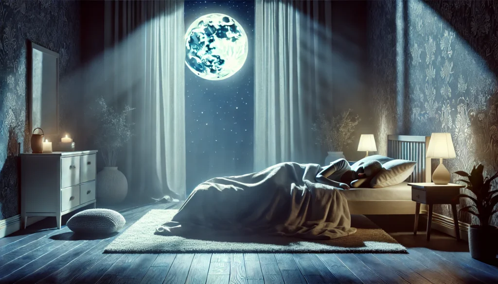 A peaceful bedroom scene with a person sleeping comfortably in a cozy bed, bathed in soft moonlight. The atmosphere is calm and serene, symbolizing the role of restful sleep in cognitive enhancement and brain function.