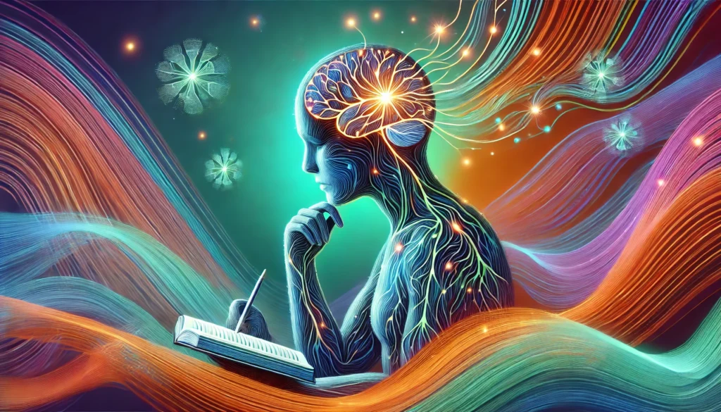 Person studying with illuminated neural pathways connected to their head, surrounded by colorful waves, representing enhanced memory retention and cognitive growth through neural pathway strengthening techniques.