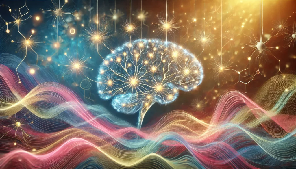 Interconnected glowing neurons forming a complex network surrounded by soft colorful waves, symbolizing the process of rewiring the brain for better memory and recall through effective study methods.
