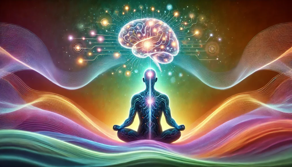 Person meditating with a glowing brain and radiant neural pathways extending outward, surrounded by colorful waves, illustrating cognitive enhancement and memory improvement through neural strengthening techniques.