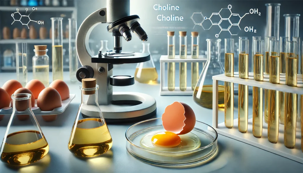 A modern laboratory setting featuring a microscope, test tubes with yellow liquid, and a cracked egg in a petri dish, symbolizing scientific research on choline and other brain-boosting compounds, in a clean and well-lit environment.