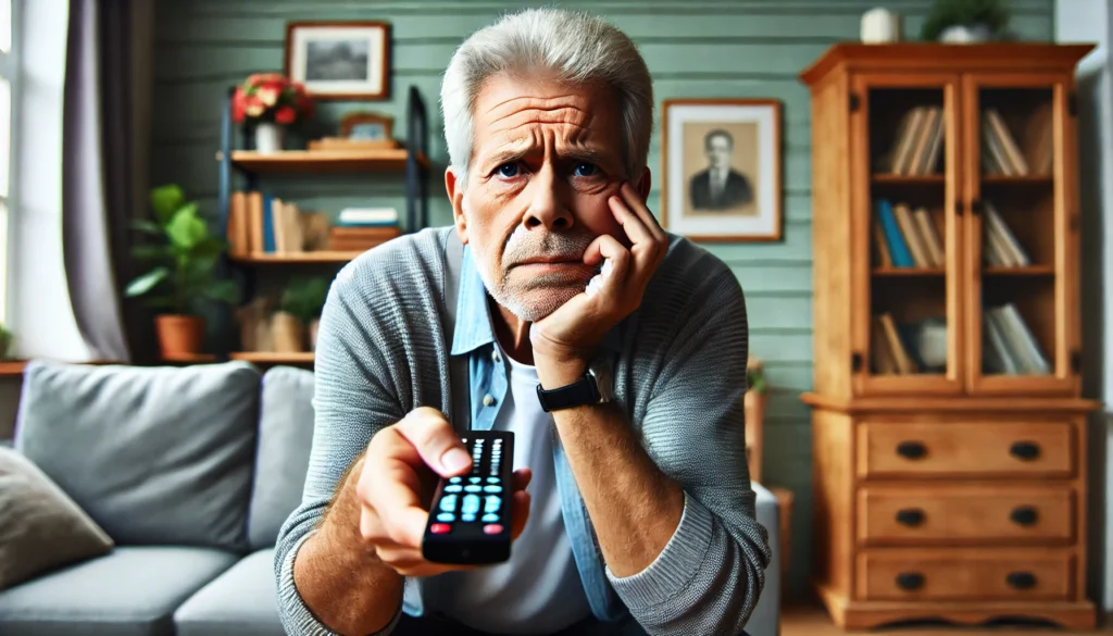 Confused elderly man holding a remote control, appearing frustrated as he struggles to use the TV, highlighting memory challenges linked to dementia.