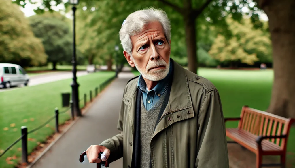 Elderly man standing in a park with a cane, appearing disoriented and unsure of where he is, illustrating a common dementia symptom