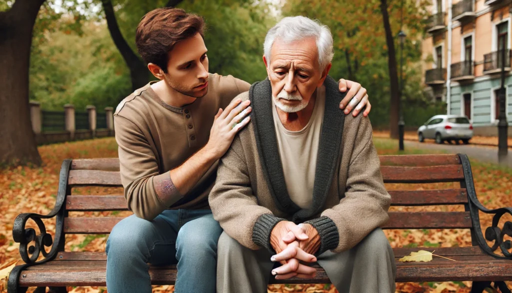 My best friend has dementia and I missed the signs—An elderly man sits on a park bench, lost in thought, while his best friend offers a comforting hand on his shoulder as autumn leaves fall around them.