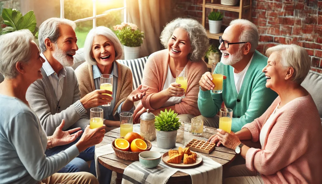 A lively social gathering of older adults engaging in conversation and laughter, fostering meaningful social connections that support brain health and cognitive function.