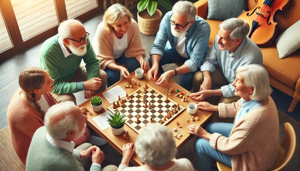 A group of elderly people engaged in a lively social activity, such as playing a board game together, in a warm and friendly environment. The image represents social interaction as a key technique to prevent memory loss.