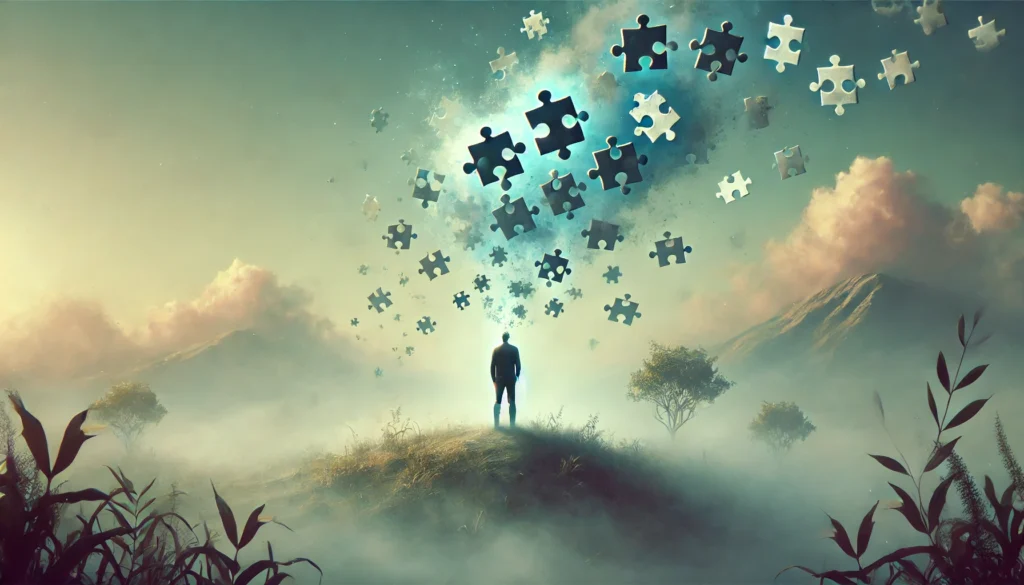 A surreal image of a person in a foggy landscape with fragmented puzzle pieces floating away from their head, symbolizing lost memories. The background creates a dreamy, disoriented effect.