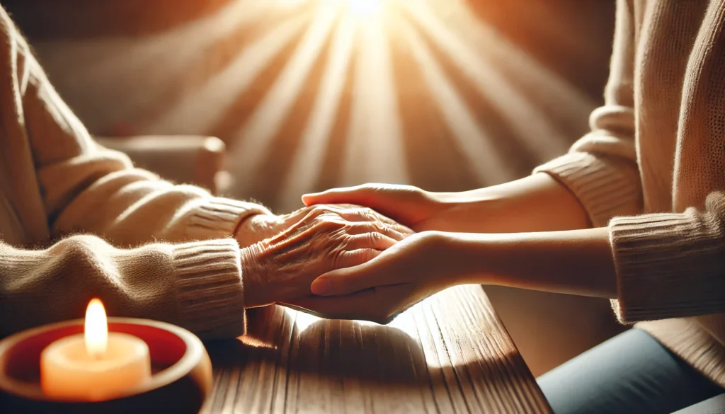 A younger person gently holding hands with an elderly individual in a warm, sunlit room. The atmosphere emphasizes care, empathy, and emotional connection in memory care.