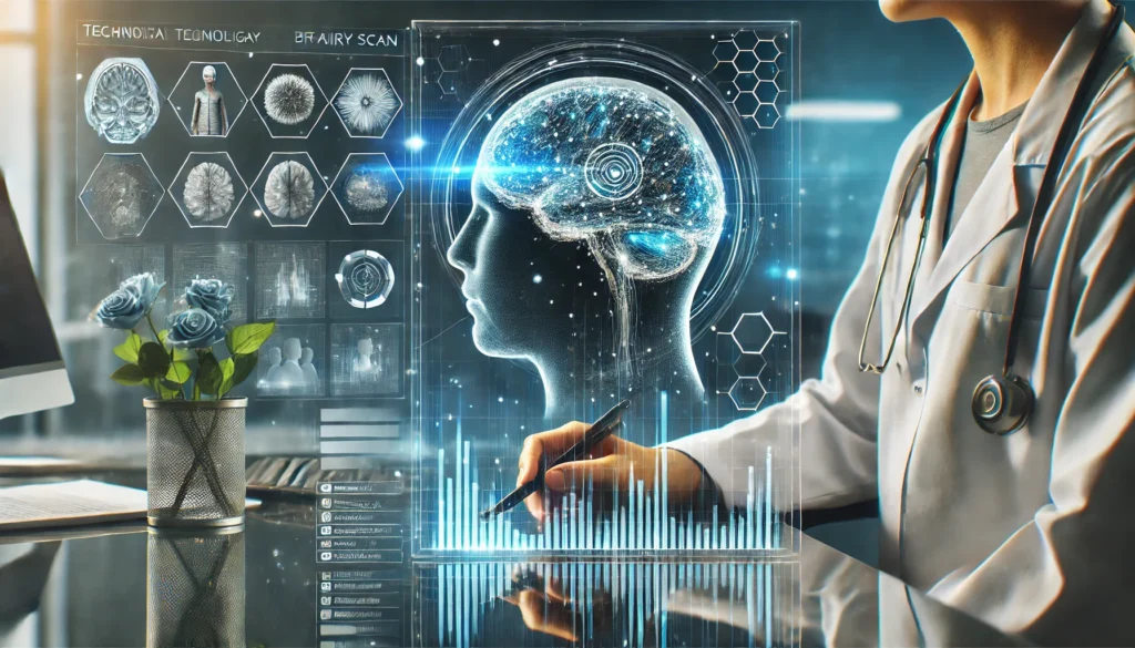 A holographic brain scan interface being analyzed by a doctor, with data visualizations floating in mid-air. The sleek and modern background symbolizes innovation in cognitive health research.