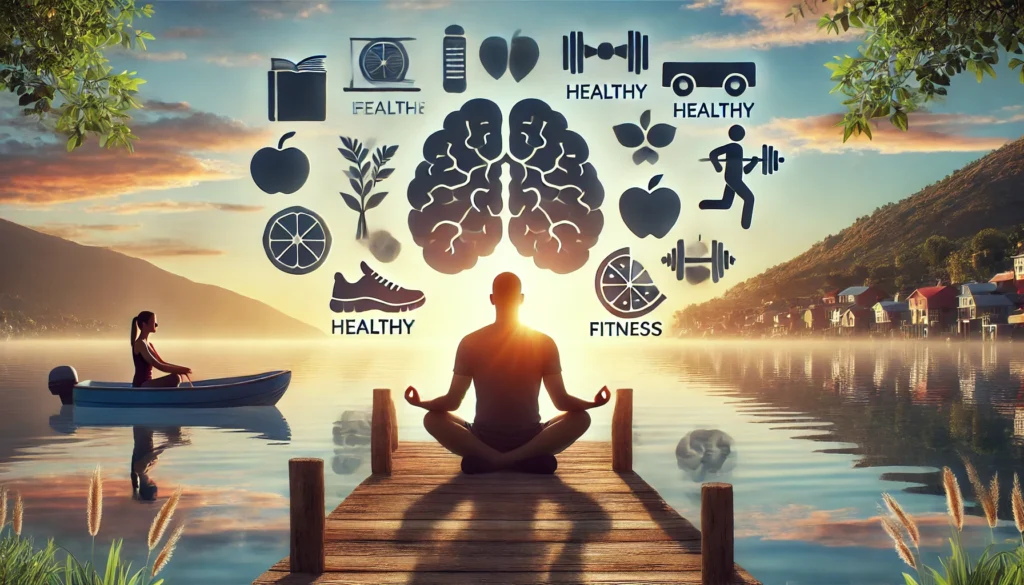 A serene scene of a person meditating near a tranquil lake at sunrise, surrounded by floating symbols of healthy food, books, and fitness. The composition exudes calmness and mindfulness, representing lifestyle choices for brain health