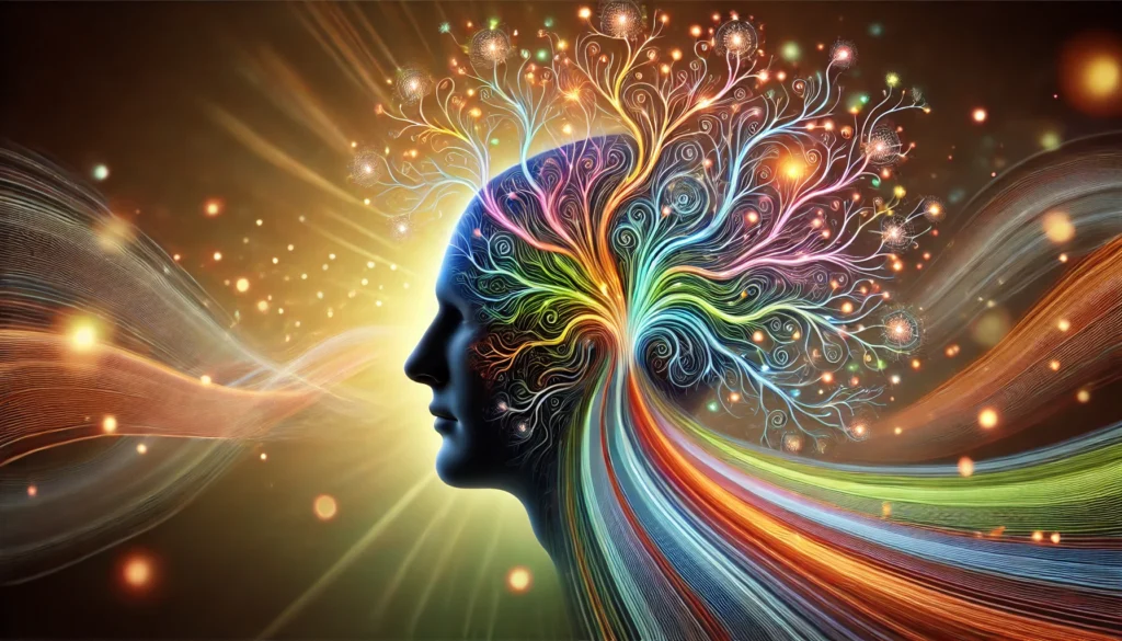Human head silhouette with colorful, branching neural connections extending outward, illustrating strengthened neural pathways and improved memory recall.