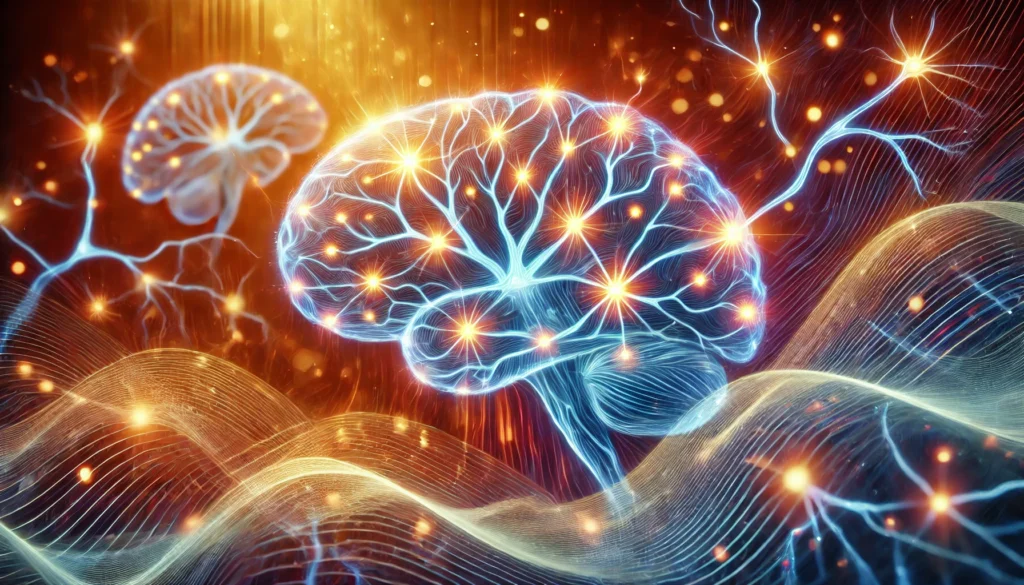 Interconnected glowing neurons with radiant lines and soft light waves, representing neural pathway enhancement and cognitive stimulation through learning.