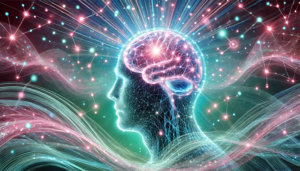 Human figure surrounded by radiant neural networks with glowing pathways extending from the head, symbolizing improved memory and knowledge absorption.