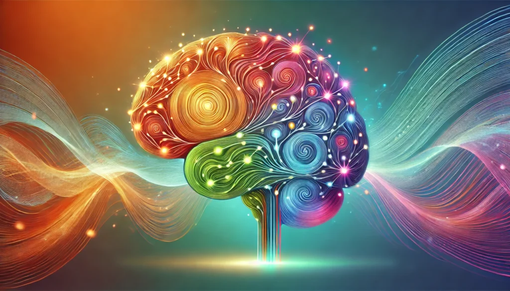 Glowing brain with vibrant interconnected neural pathways surrounded by colorful swirling waves, representing enhanced learning, strengthened neural connections, and effective memory retention through study skills.