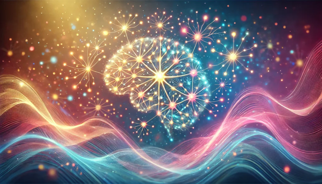 Interconnected glowing neurons forming a complex network with soft colorful waves, illustrating cognitive development, improved recall, and the impact of effective study techniques on neural pathways.