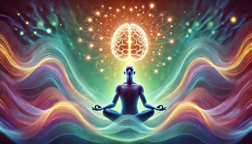 Person meditating with a glowing brain and illuminated neural pathways extending outward, surrounded by colorful waves symbolizing cognitive clarity, knowledge retention, and enhanced memory through effective learning strategies.