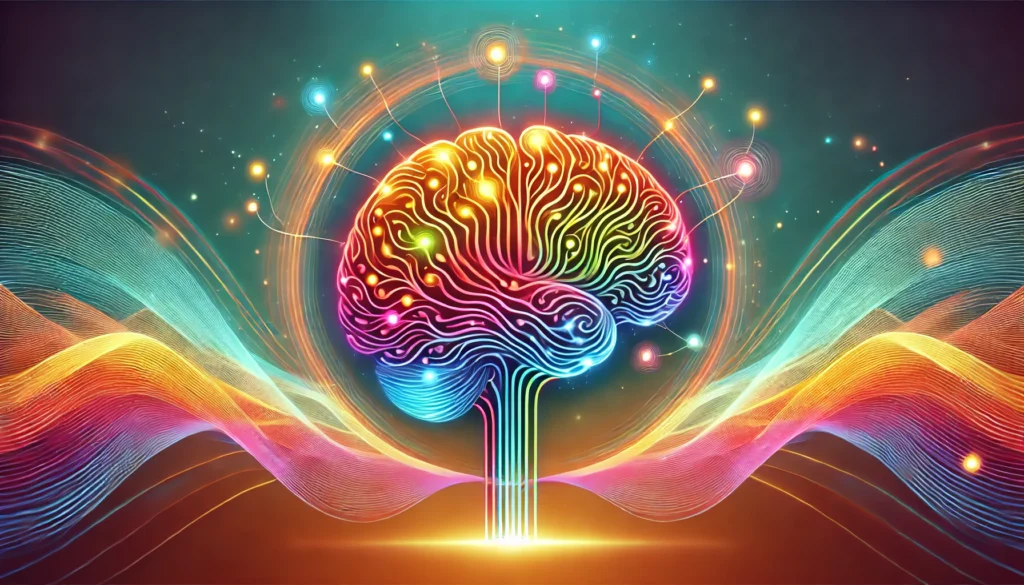 Glowing brain with vibrant interconnected neural pathways surrounded by colorful swirling waves, representing enhanced memory, knowledge retention, and strengthened neural connections for academic success.