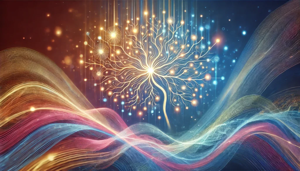 Interconnected glowing neurons forming a complex network with soft colorful waves, illustrating cognitive development, improved learning, and effective study habits for high school students.