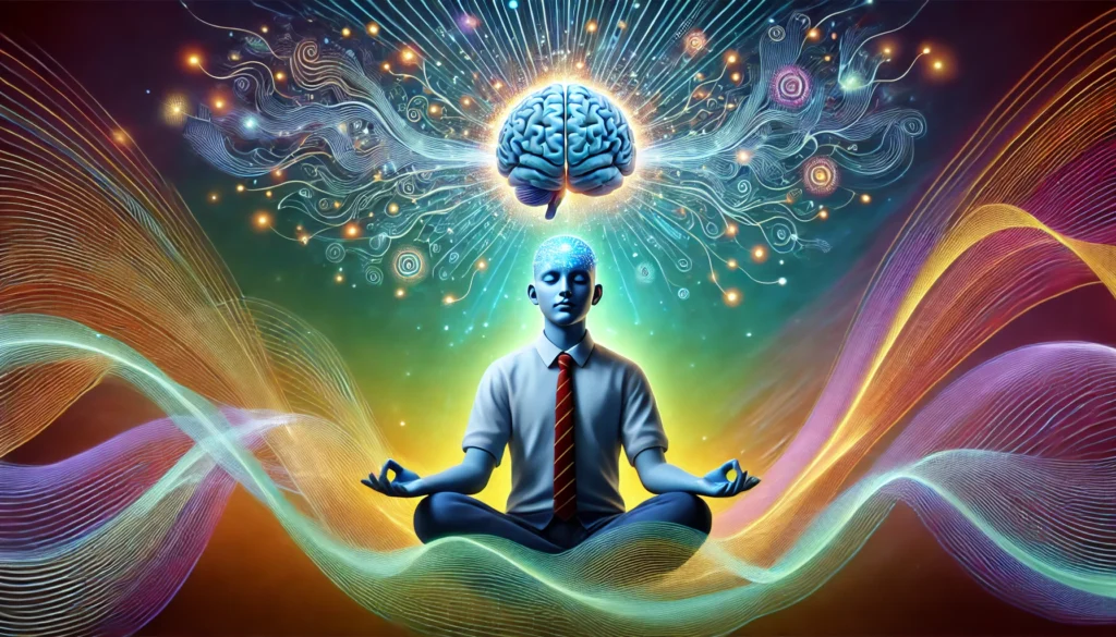High school student meditating with a glowing brain and illuminated neural pathways extending outward, surrounded by colorful waves symbolizing cognitive clarity, knowledge retention, and academic improvement through mindful study practices.