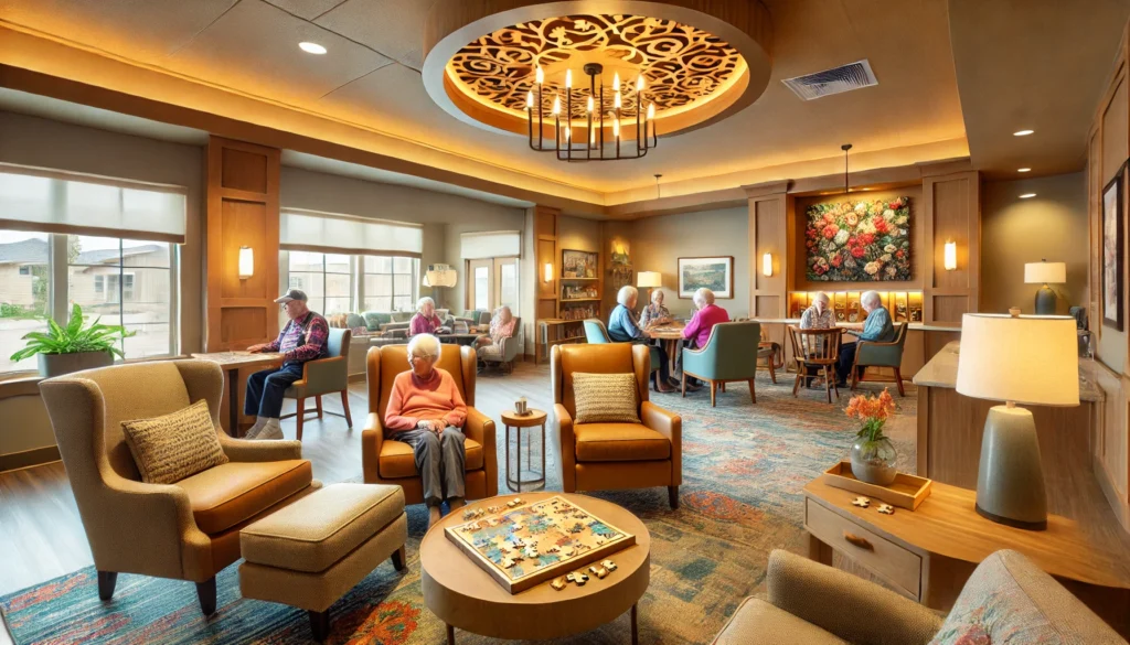 A cozy interior of a memory care facility in Tacoma, Washington, designed for comfort and familiarity. The room features soft lighting, comfortable seating, and warm wooden accents. Elderly residents participate in engaging activities like puzzles and reminiscence therapy, supported by compassionate caregivers