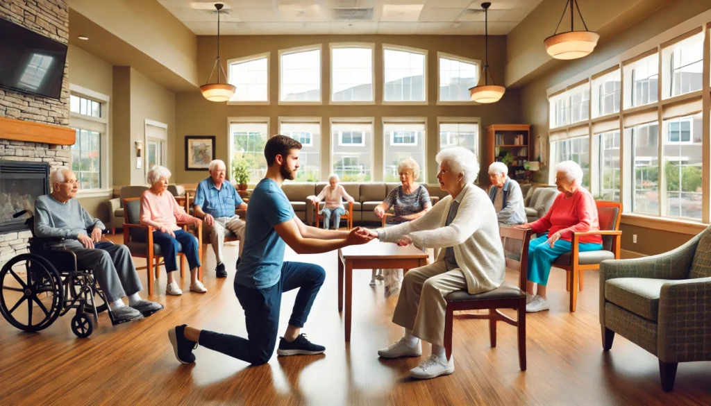 A compassionate memory care facility in Tacoma, Washington, showcasing a group of elderly residents participating in a guided therapeutic activity. A trained caregiver leads a gentle exercise session in a bright, spacious common area with large windows allowing natural light. The setting is warm, safe, and engaging.