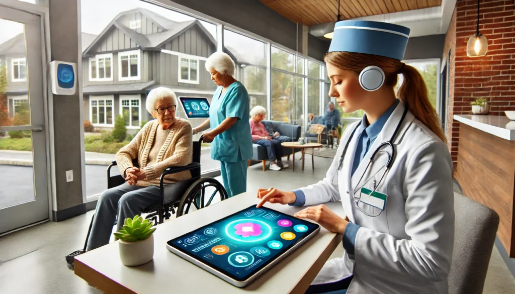 A modern memory care facility in Tacoma, Washington, featuring advanced technology for resident safety. The scene includes a caregiver using a digital monitoring system while an elderly resident interacts with a cognitive stimulation program on a tablet. The environment is bright, welcoming, and designed for accessibility
