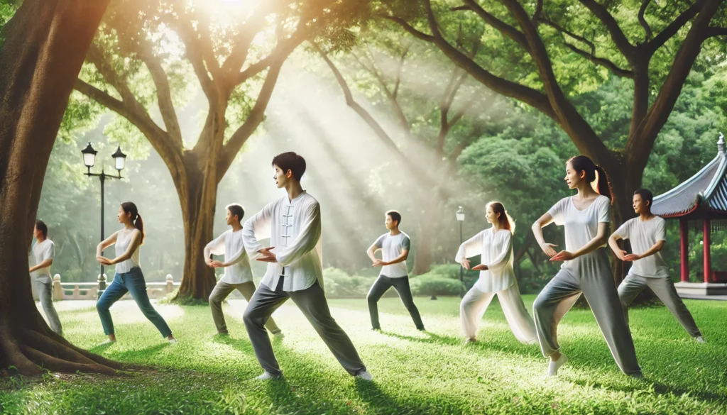 A group of people practicing tai chi in a lush green park, moving gracefully in sync with serene expressions, enhancing focus and attention in a peaceful outdoor setting.