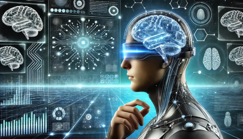A futuristic concept of a brain-computer interface, featuring a person wearing a sleek neural headset connected to a digital interface displaying brain activity. The background showcases holographic data streams, emphasizing advancements in neurotechnology.