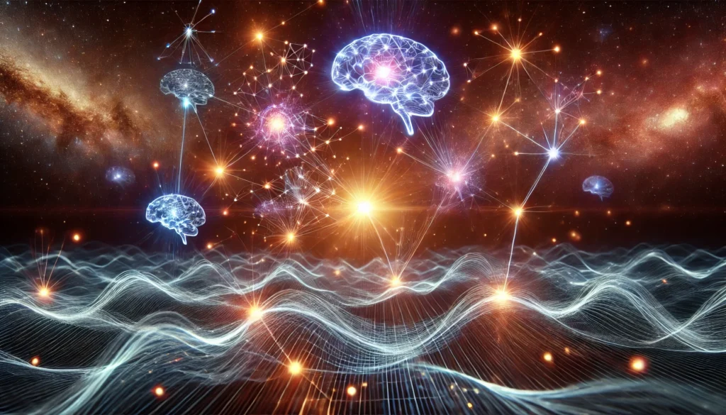 A glowing web of interconnected nodes representing semantic memory networks. Light waves radiate from an activated node, illustrating how related concepts trigger one another. The cosmic-like background symbolizes the vast and intricate nature of human memory associations.