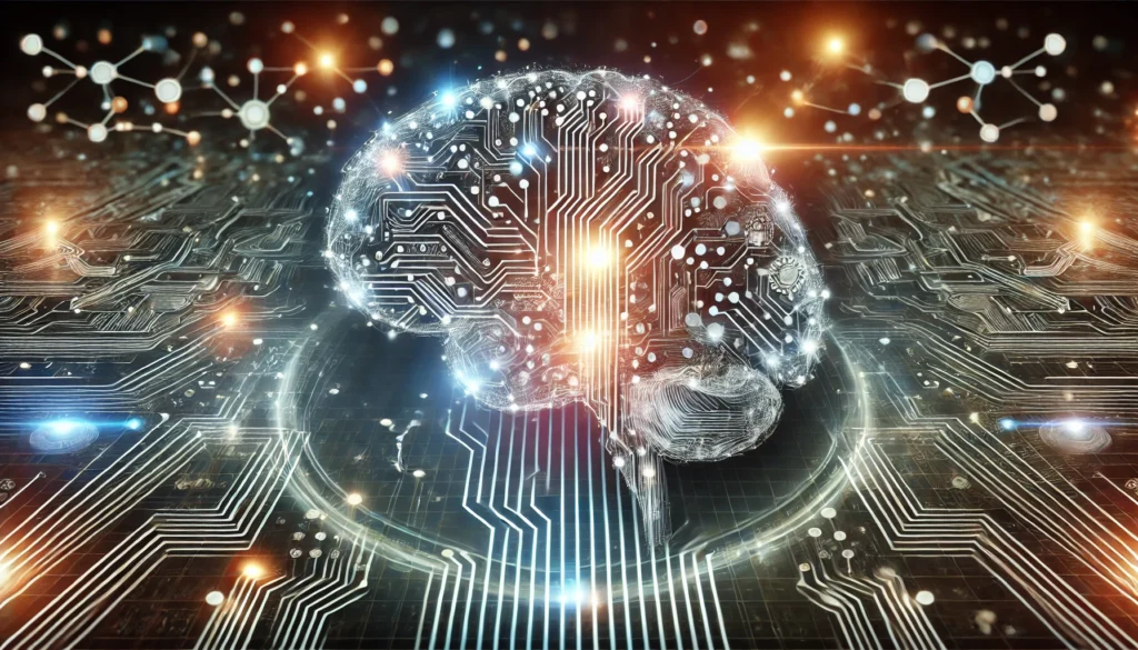 A futuristic depiction of the human brain with glowing circuits and data streams, resembling a high-tech computer. The background consists of abstract neural networks and digital nodes, symbolizing the scientific study of memory.